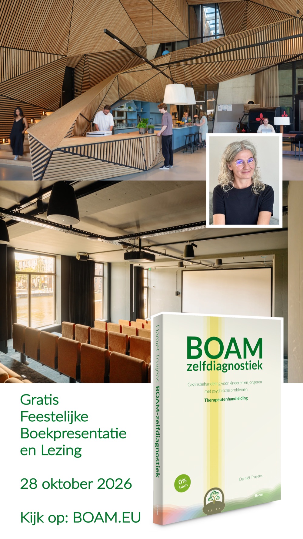 Poster feestelijke boekpresentatie en lezing BOAM-zelfdiagnostiek, 28 oktober 2026
